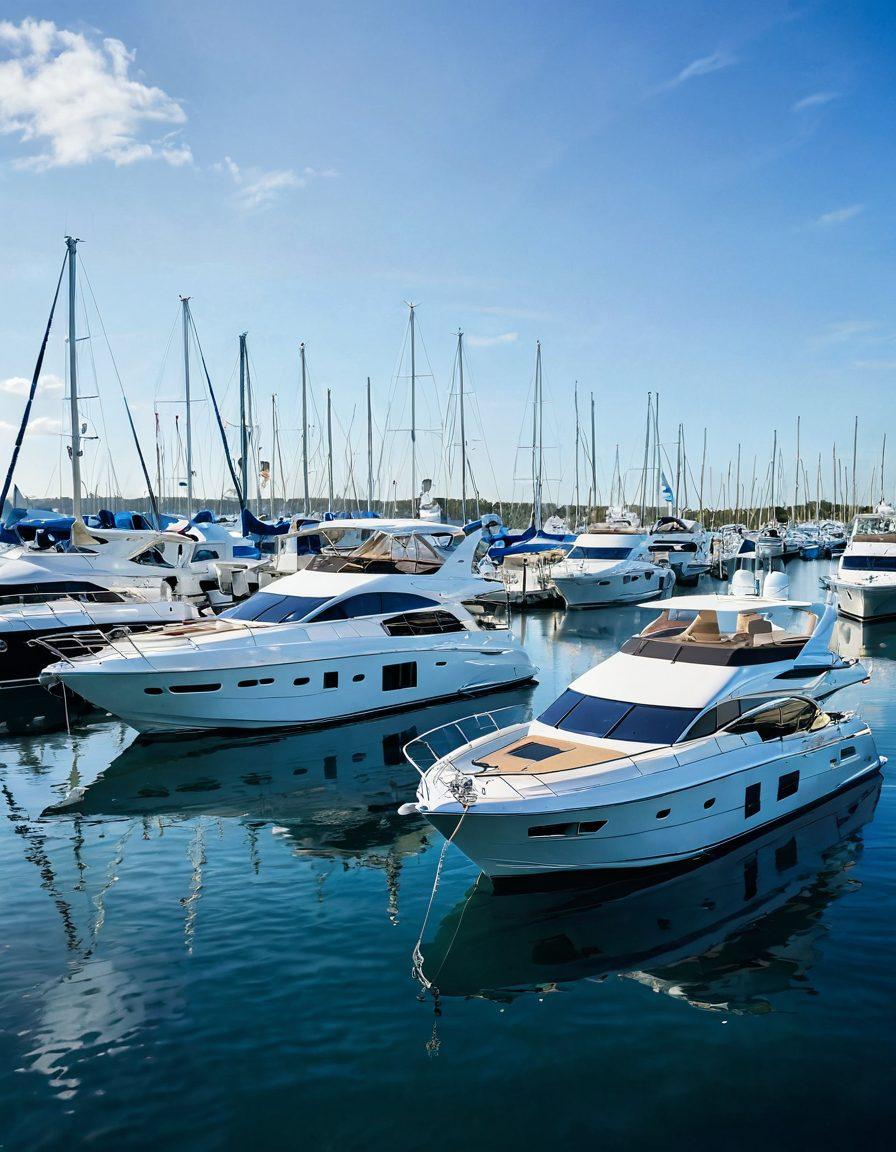 A serene marina showcasing various luxurious yachts, with a focus on one yacht that represents insurance protection—dressed in a shield-like emblem or symbol. The background shows calm waters reflecting a bright blue sky, with hints of nautical elements like ropes and anchors. Include subtle icons of policy documents and coverage symbols floating in the air. The overall atmosphere should convey a sense of security and adventure on the water. super-realistic. vibrant colors. white background.