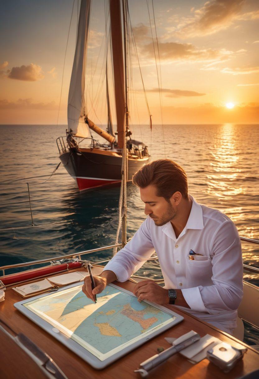 A serene scene of a luxurious yacht sailing on calm waters, with a backdrop of a sunset illuminating the sky in warm hues. In the foreground, a confident sailor is studying various insurance policies on a tablet, surrounded by nautical charts and tools. Include elements that symbolize security, like a lifebuoy with a lock, and subtle hints of different insurance provider logos in the clouds above. The overall atmosphere should convey trust and adventure. super-realistic. vibrant colors. summer evening.