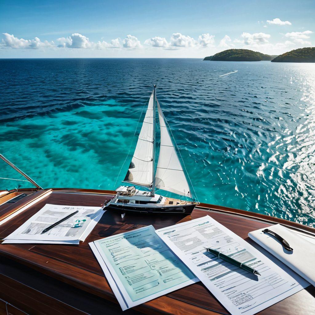 A serene scene of a luxurious yacht sailing on crystal-clear turquoise waters, with lush green islands in the background. Include a close-up of navigational tools and insurance documents on a sunlit deck, symbolizing the search for coverage options. The sky should be bright and sunny, evoking feelings of freedom and adventure. Illustrate diverse yacht models to represent various policy choices. vibrant colors. super-realistic.